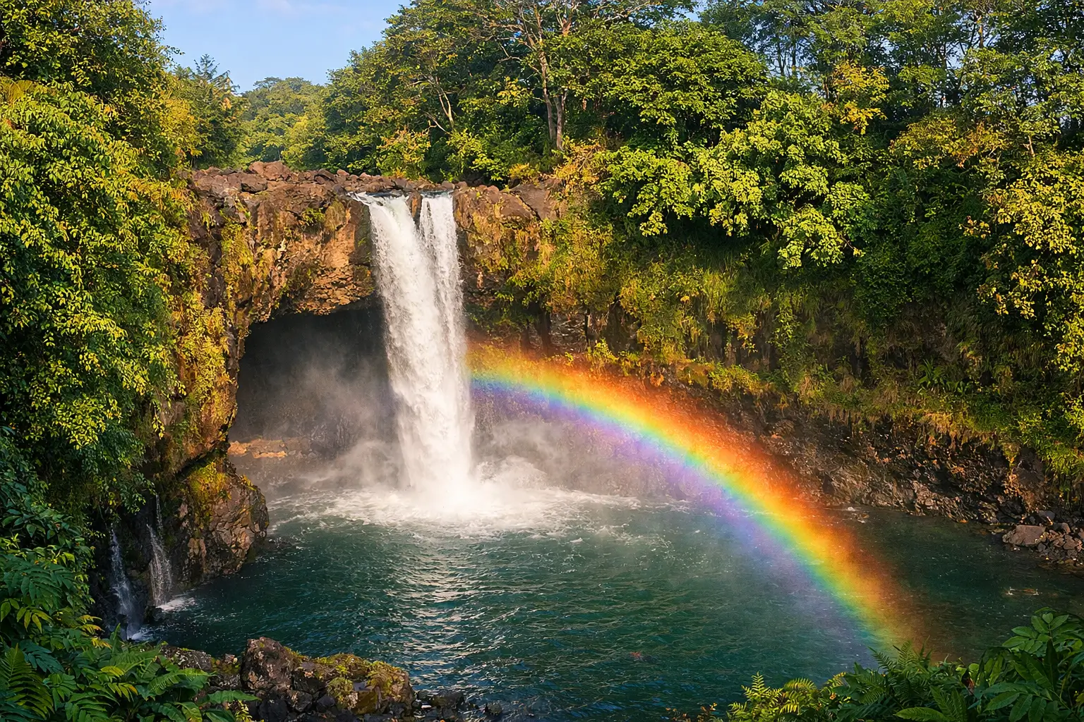 A morning photograph of Rainbow Falls, Hawaii, showing a bright rainbow forming in the waterfall’s mist.